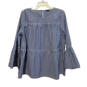 MittoShop Women Tiered Boho Peasant Striped Buttoned Back Bell Sleeve Blouse Lg